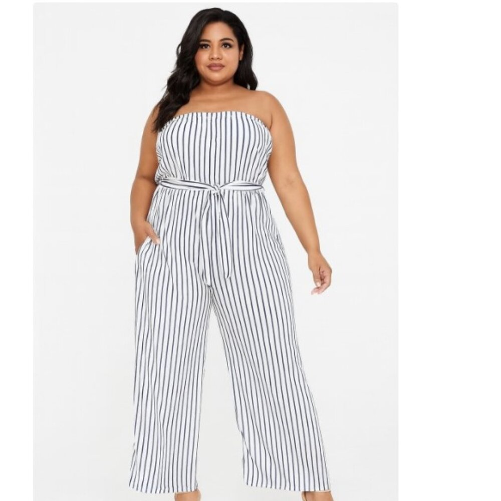 Blush Navy White Striped Strapless Wide-Leg Jumpsuit Xl